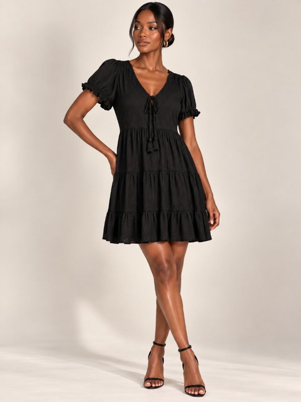 So Panel Mini Dress Classic Tassel Tie V Neck Ruffle Sleeve Rayon L NWOT